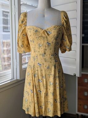 Reformation Lillet Yellow Floral Puff-Sleeve Mini Dress Feminine Spring Size 6